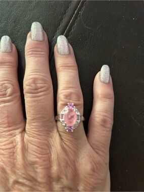 Silver Pink Oval Gemstone Halo Ring - Women's Fashion Jewelry